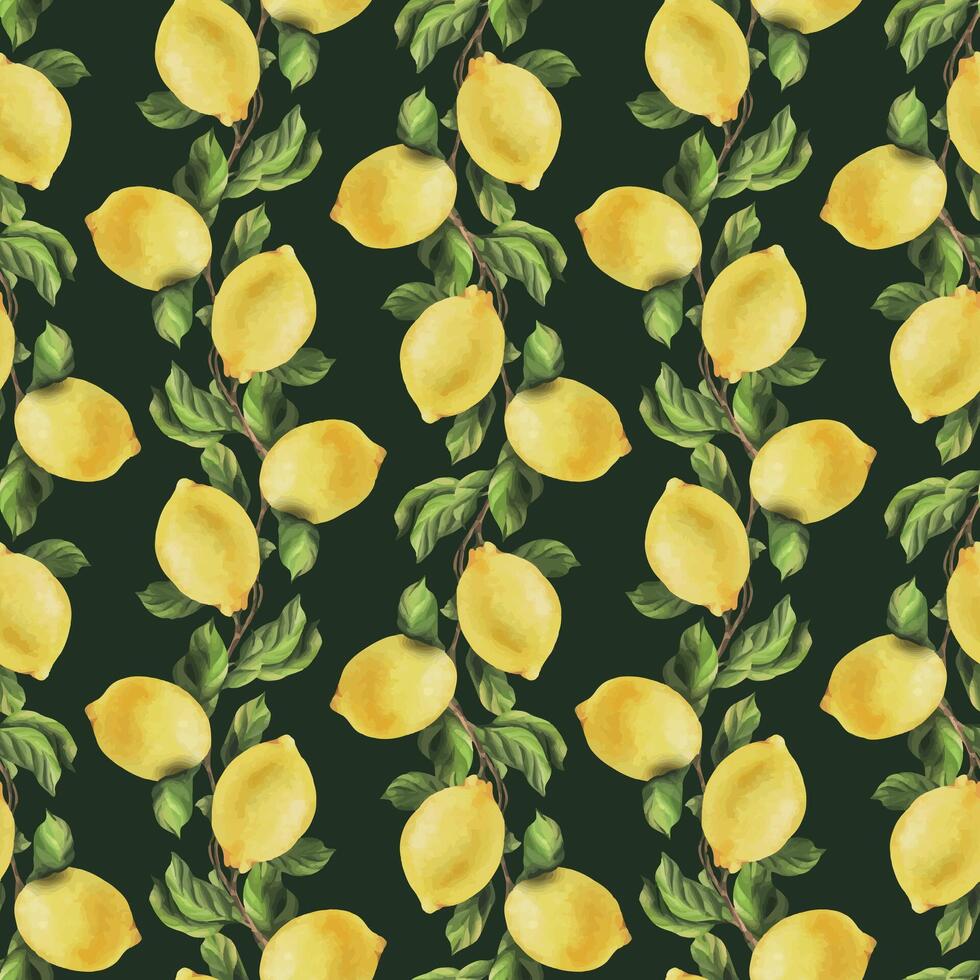 Lemons are yellow, juicy, ripe with green leaves, flower buds on the branches, whole and slices. Watercolor, hand drawn botanical illustration. Seamless pattern on a green background. vector