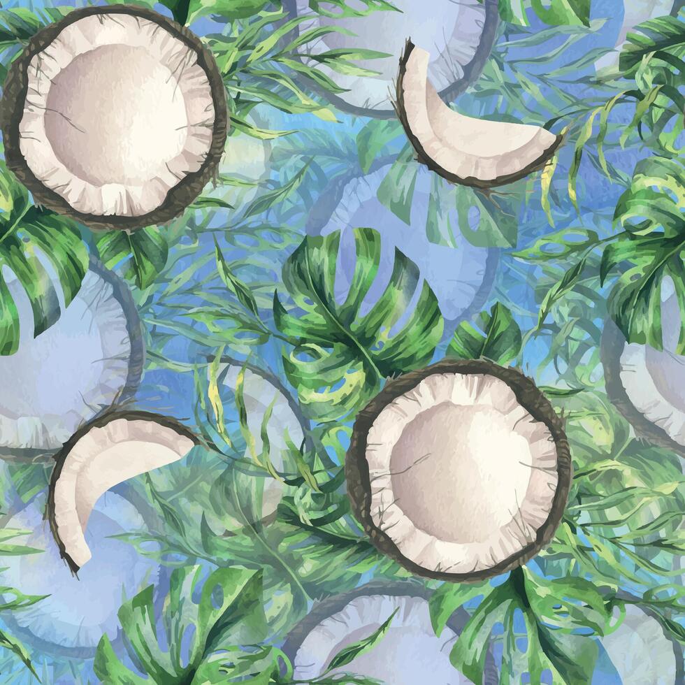 Coconuts whole, halves and pieces with bright, green, tropical palm leaves and yellow plumeria flowers. Hand drawn watercolor illustration. Seamless pattern on a blue sky background. vector