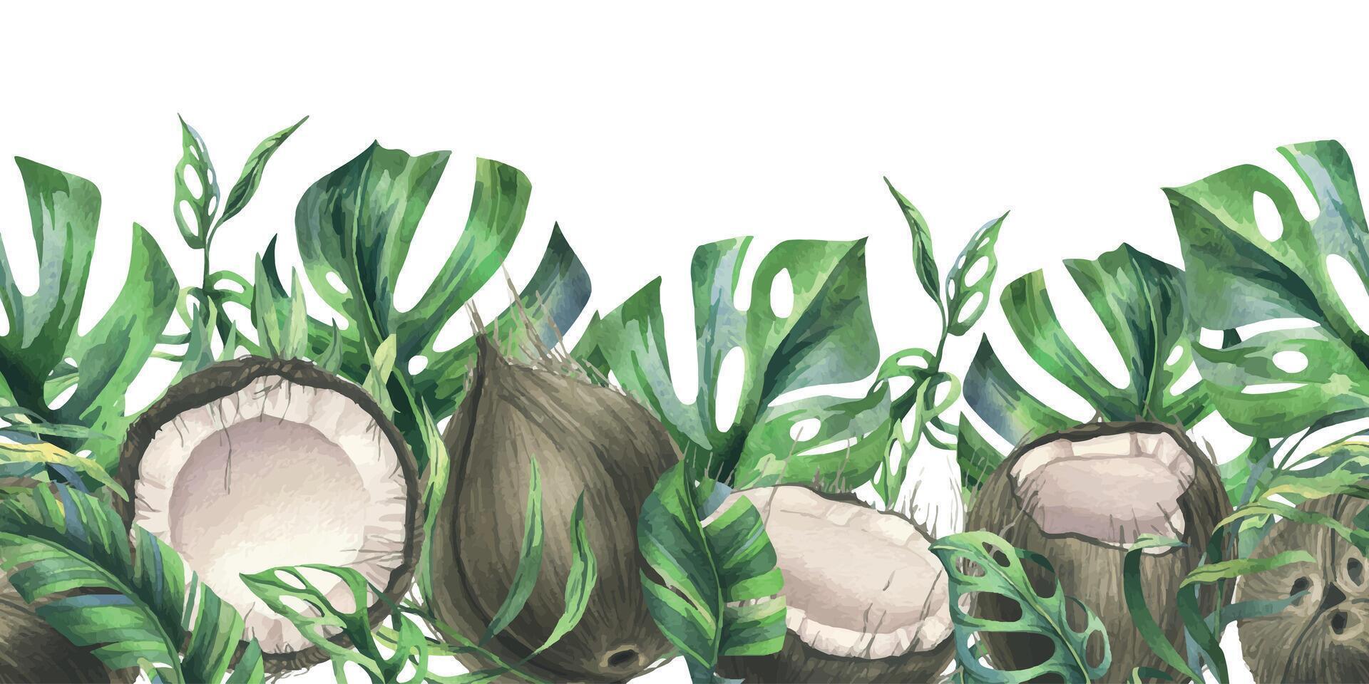 cocos entero, mitades y piezas con brillante, verde, tropical palma hojas. mano dibujado acuarela ilustración. sin costura frontera aislado desde el antecedentes vector