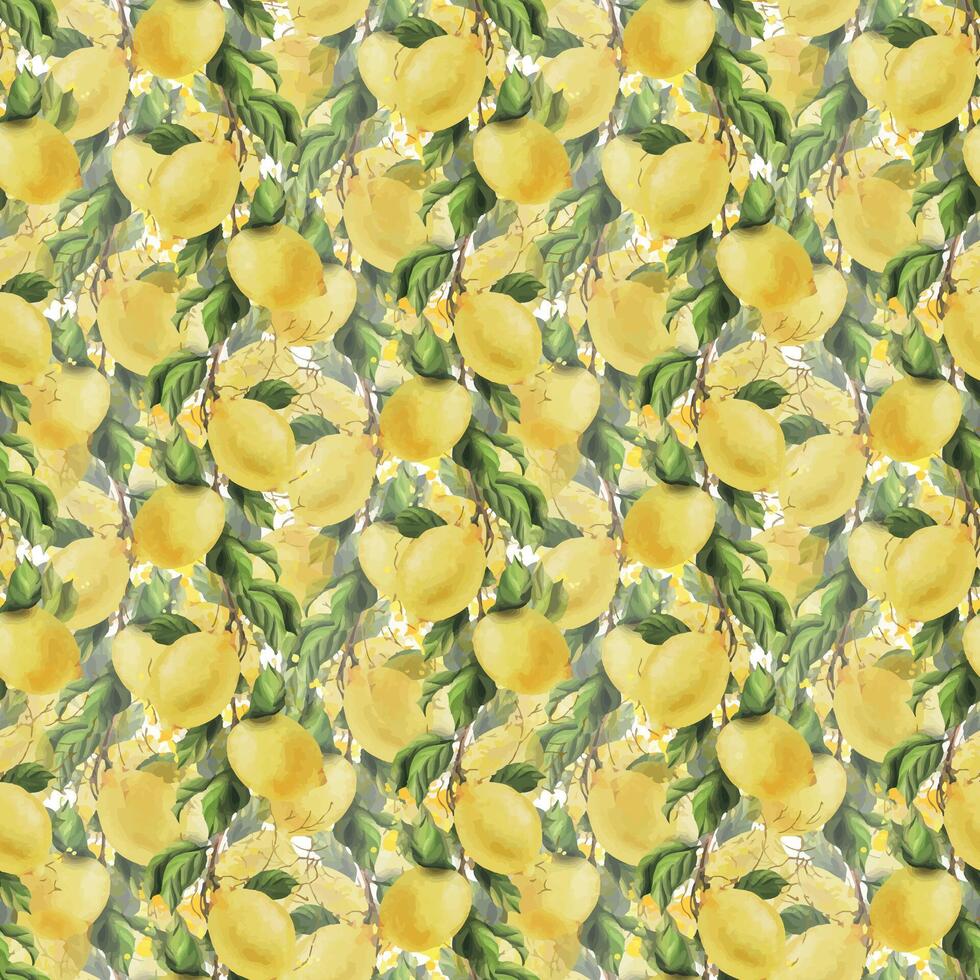 limones son amarillo, jugoso, maduro con verde hojas, flor brotes en el sucursales, todo y rebanadas acuarela, mano dibujado botánico ilustración. sin costura modelo en un blanco antecedentes. vector
