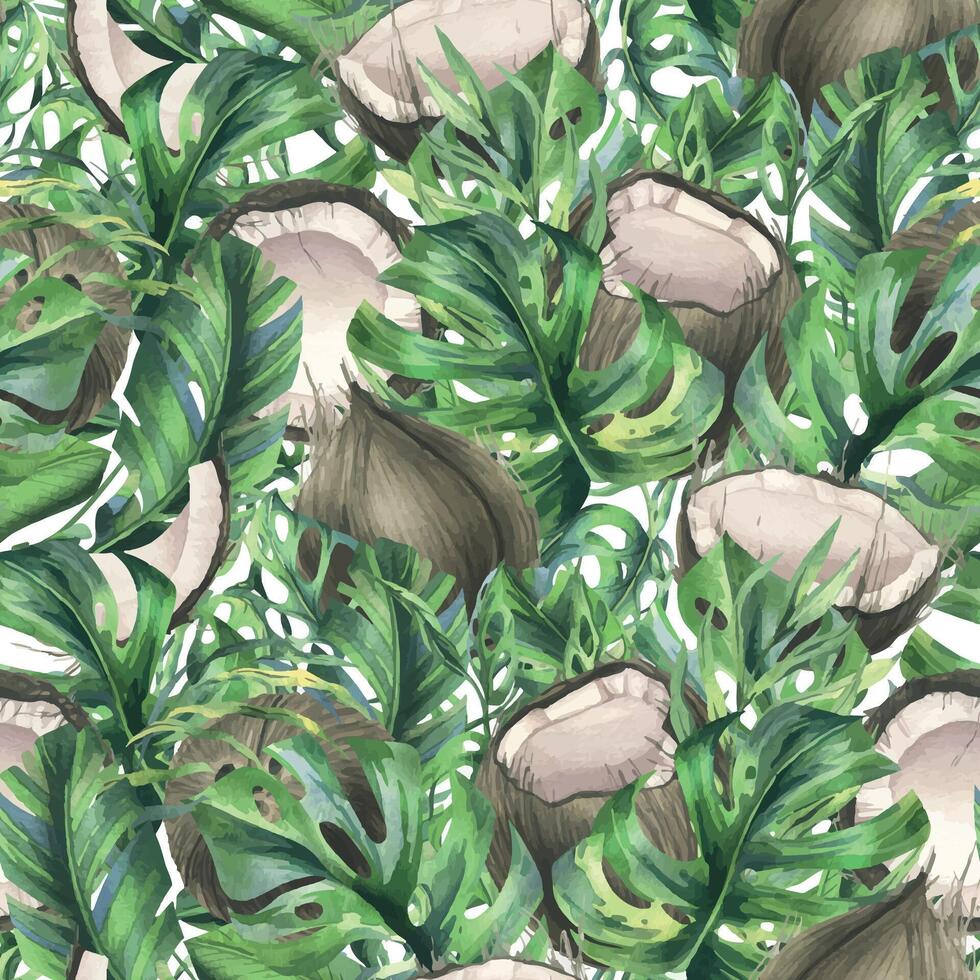 Coconuts whole, halves and pieces with bright, green, tropical palm leaves and yellow plumeria flowers. Hand drawn watercolor illustration. Seamless pattern on a white background. vector