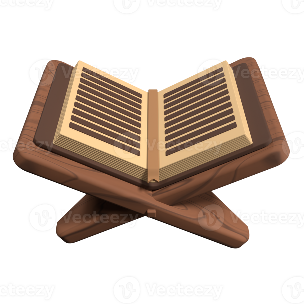 Islamic holy quran book with stand icon. Holy quran ramadan icon. 3D rendering holy quran isolated. Quran 3d icon illustration png