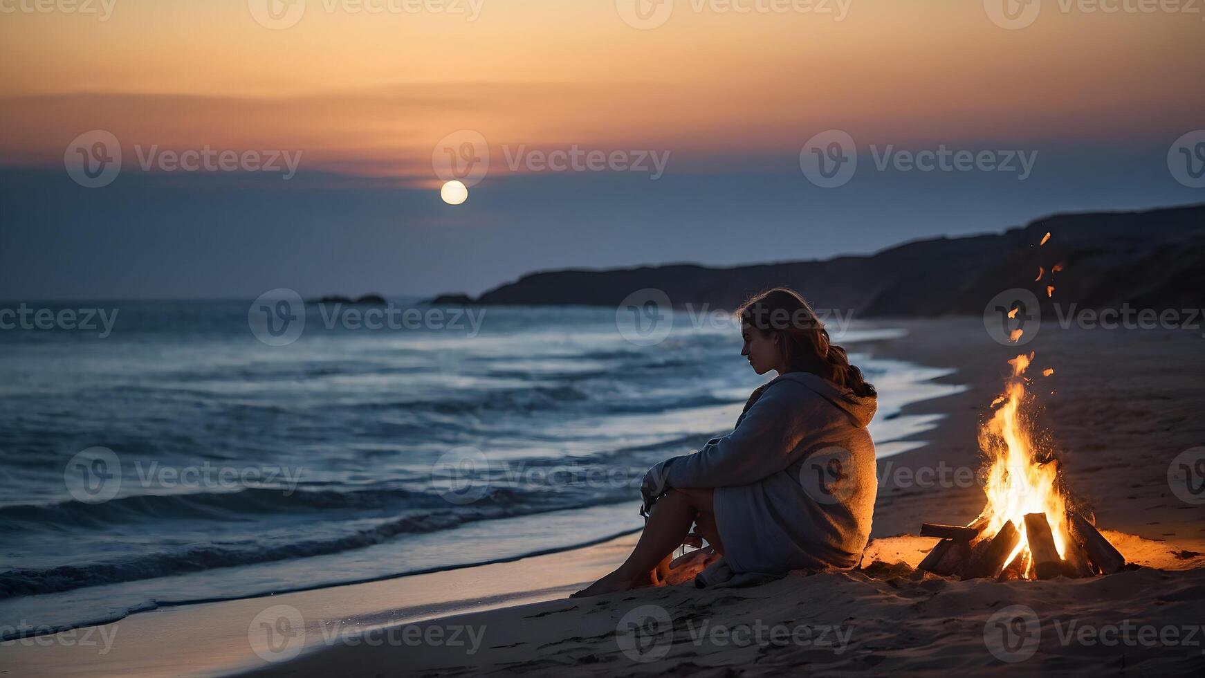 AI generated a serene coastal scene with a bonfire on the beach, illuminated by the moonlight photo