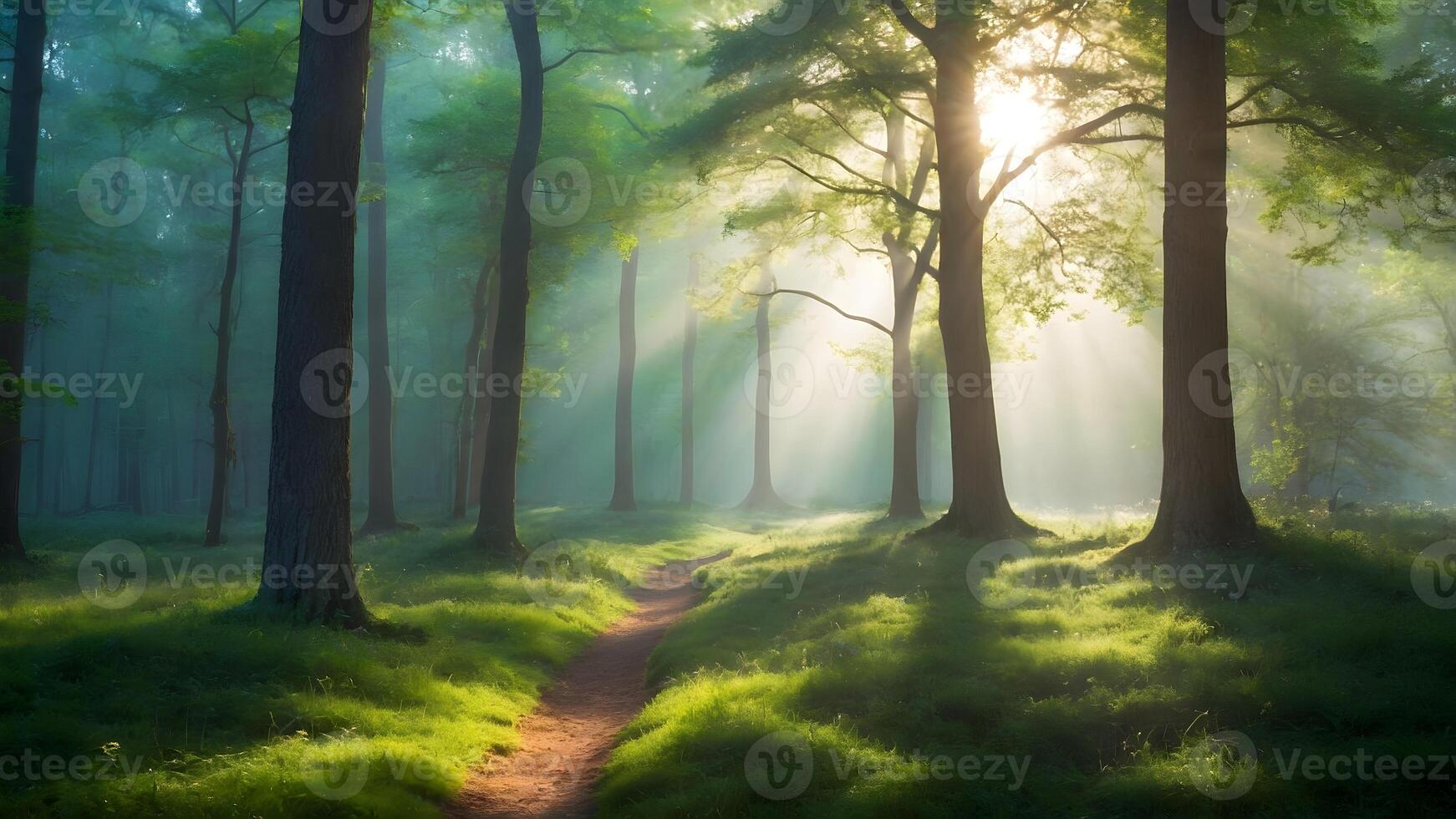 ai generado encantador bosque claro con luz de sol filtración mediante arboles foto