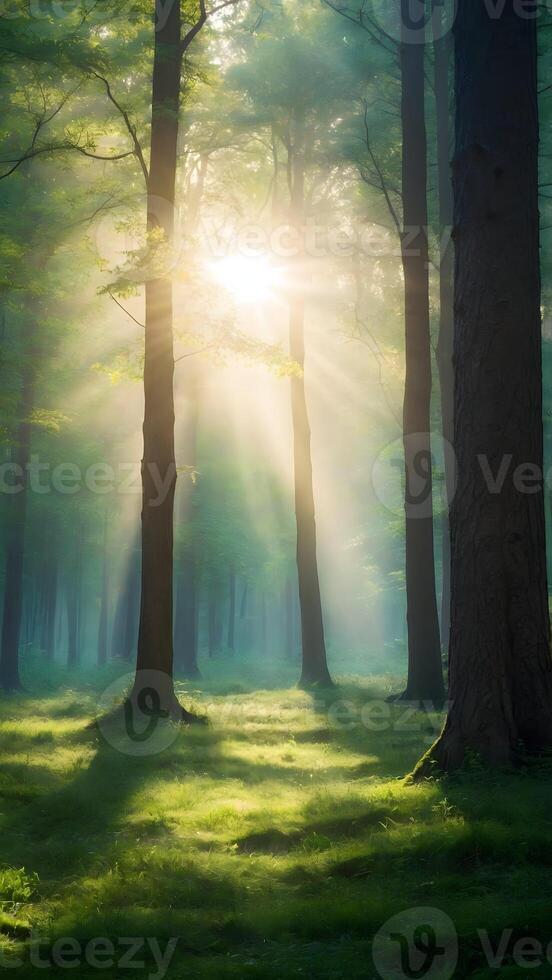 ai generado encantador bosque claro con luz de sol filtración mediante arboles foto