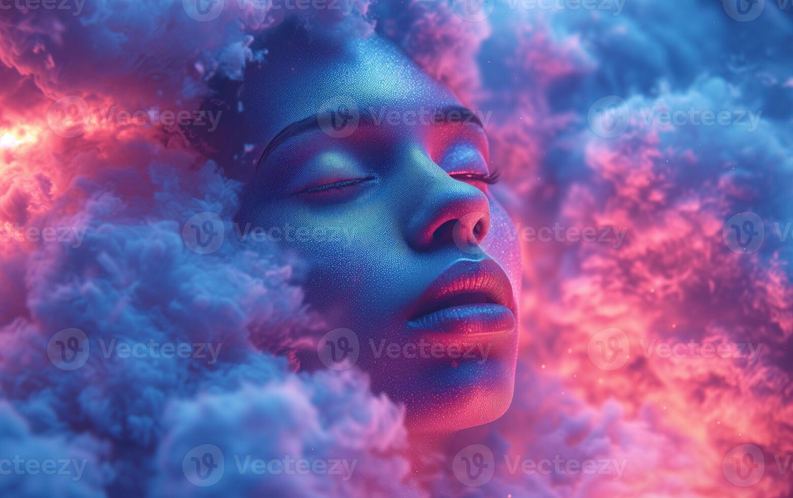 AI generated Face with dark sky-blue and light magenta clouds surrounding his face photo