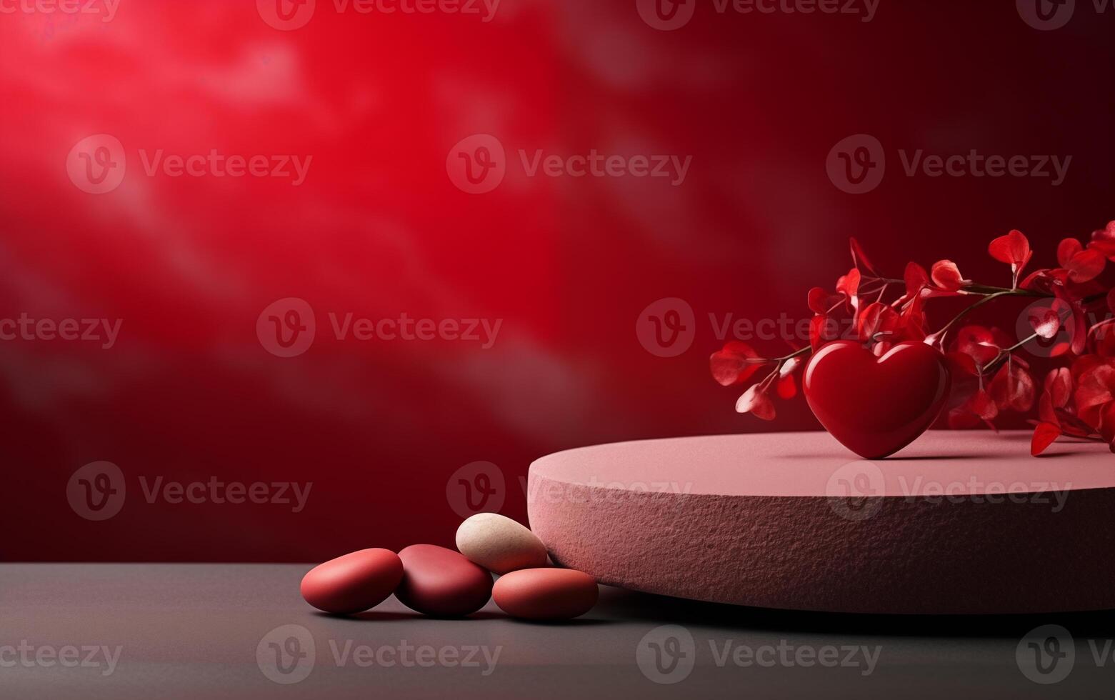 AI generated Empty wood stone podium table Valentine's Day red background with heart's photo