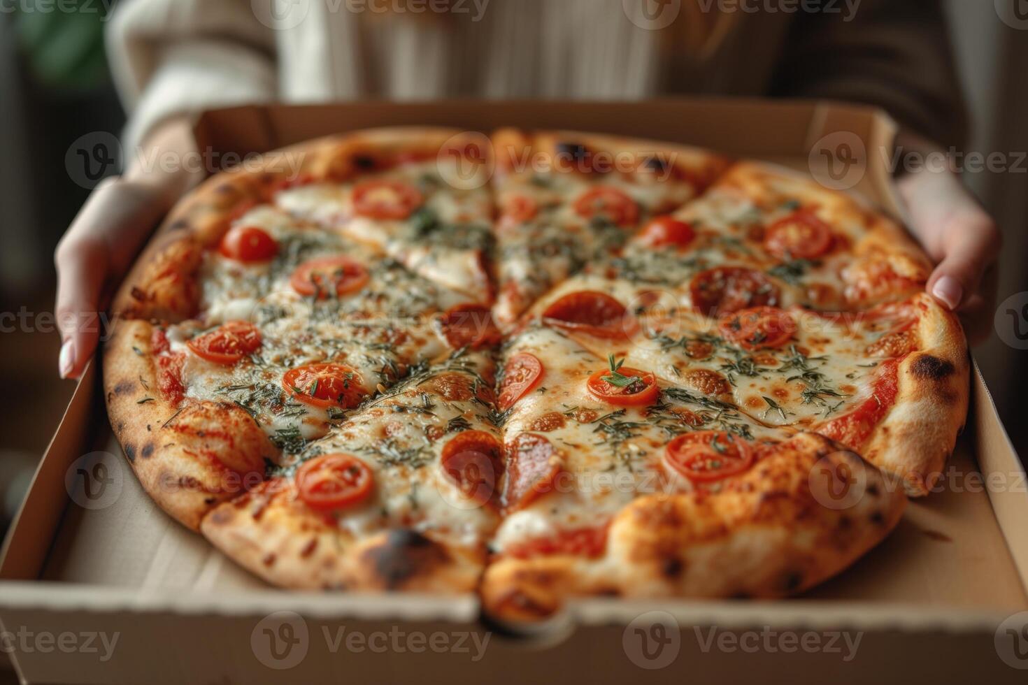 AI generated Open box with delicious pizza in hand photo