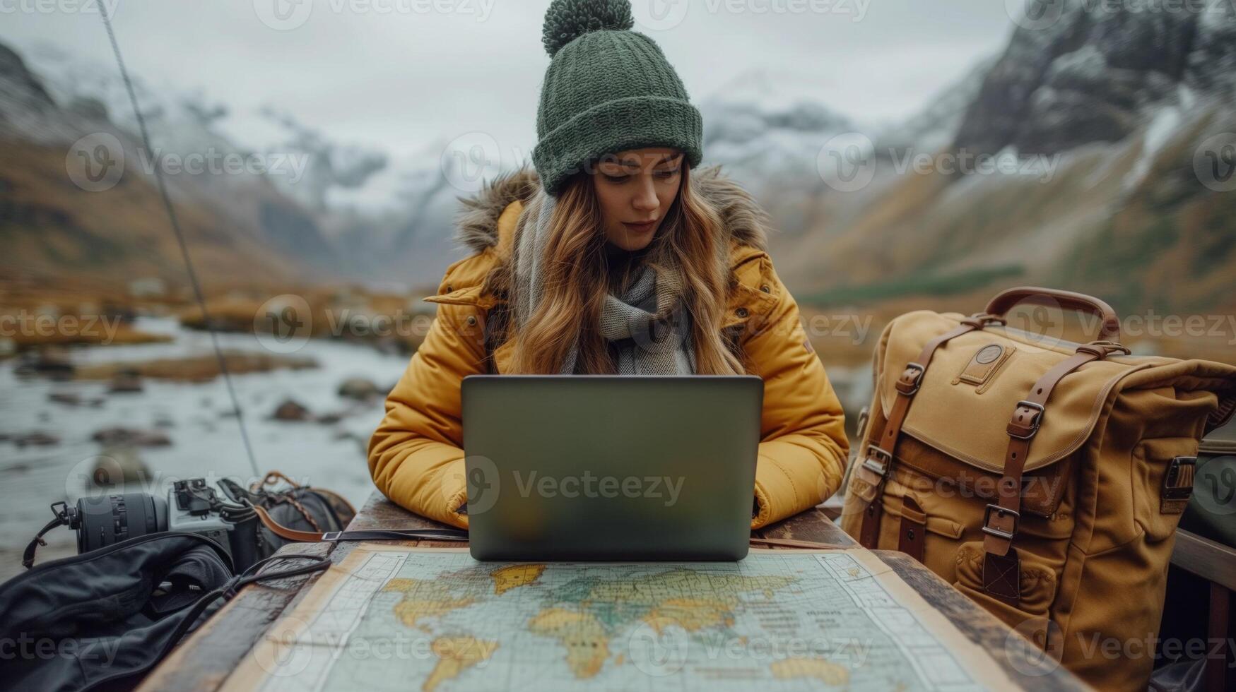 AI generated Female travelogue with map and laptop on table photo