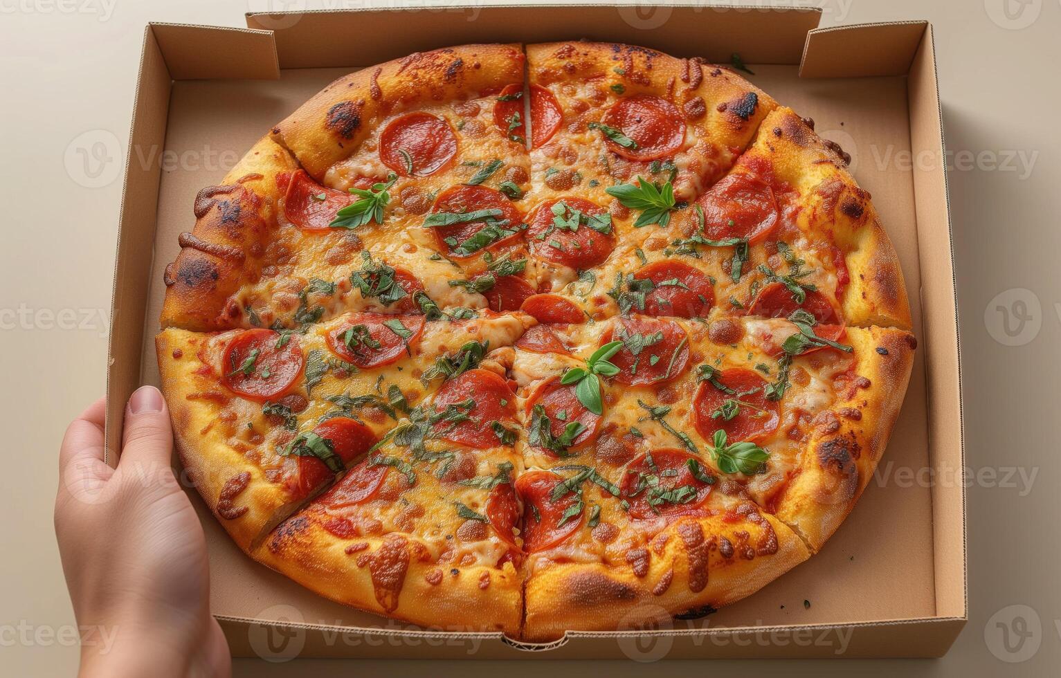 AI generated Open box with delicious pizza in hand photo