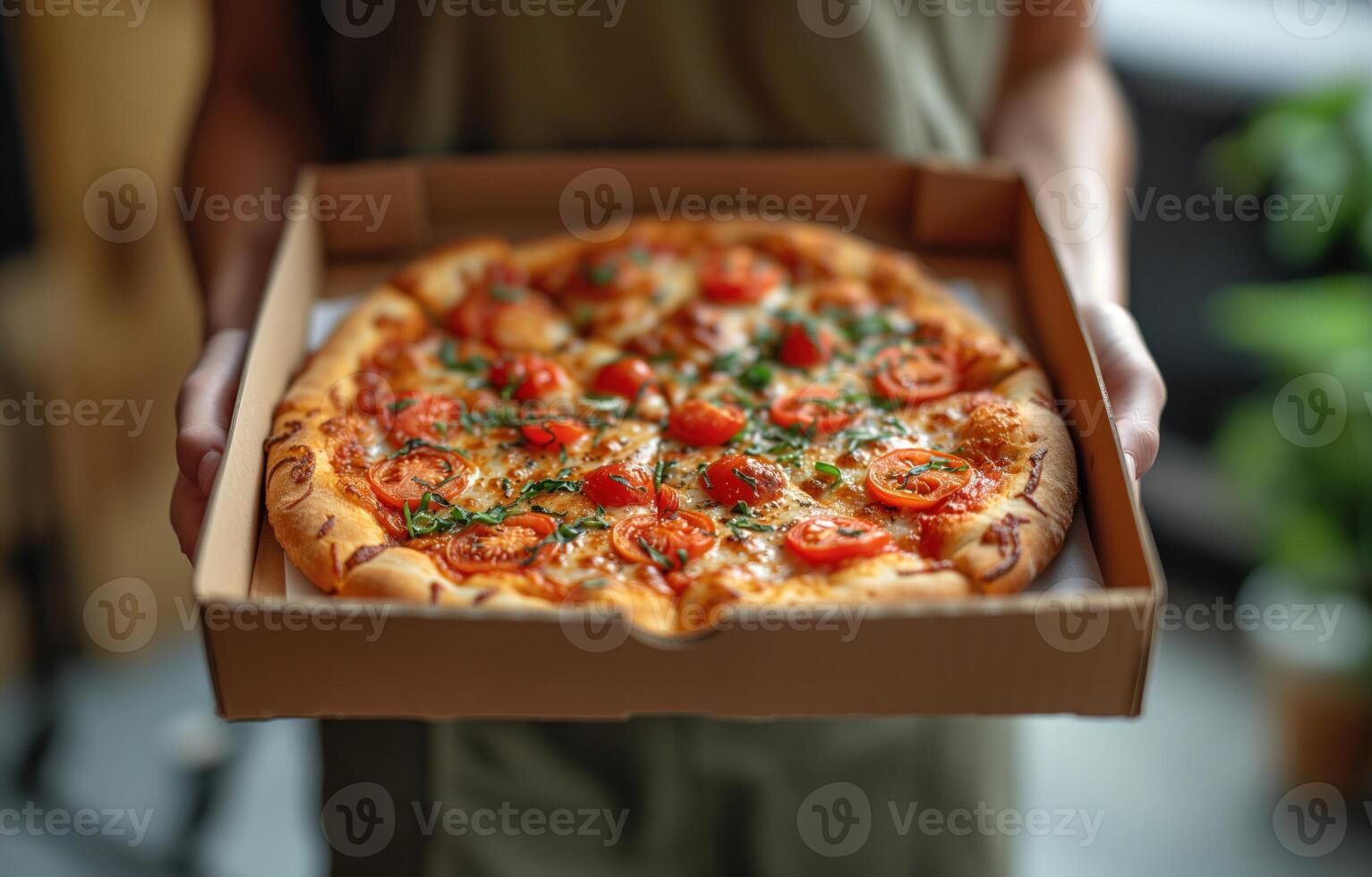 AI generated Open box with delicious pizza in hand photo