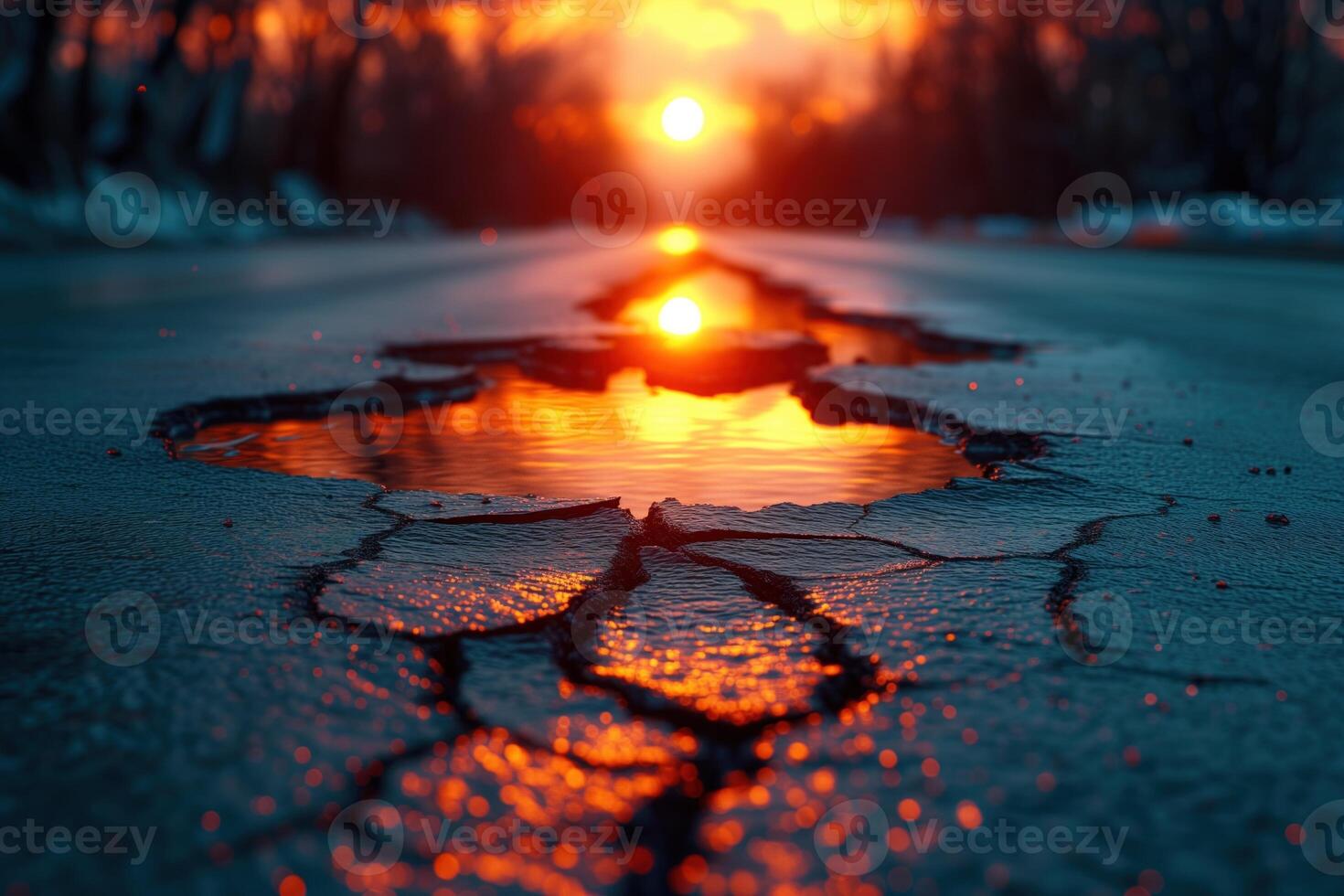 AI generated Road crack in the road and car moving on asphalt surface photo