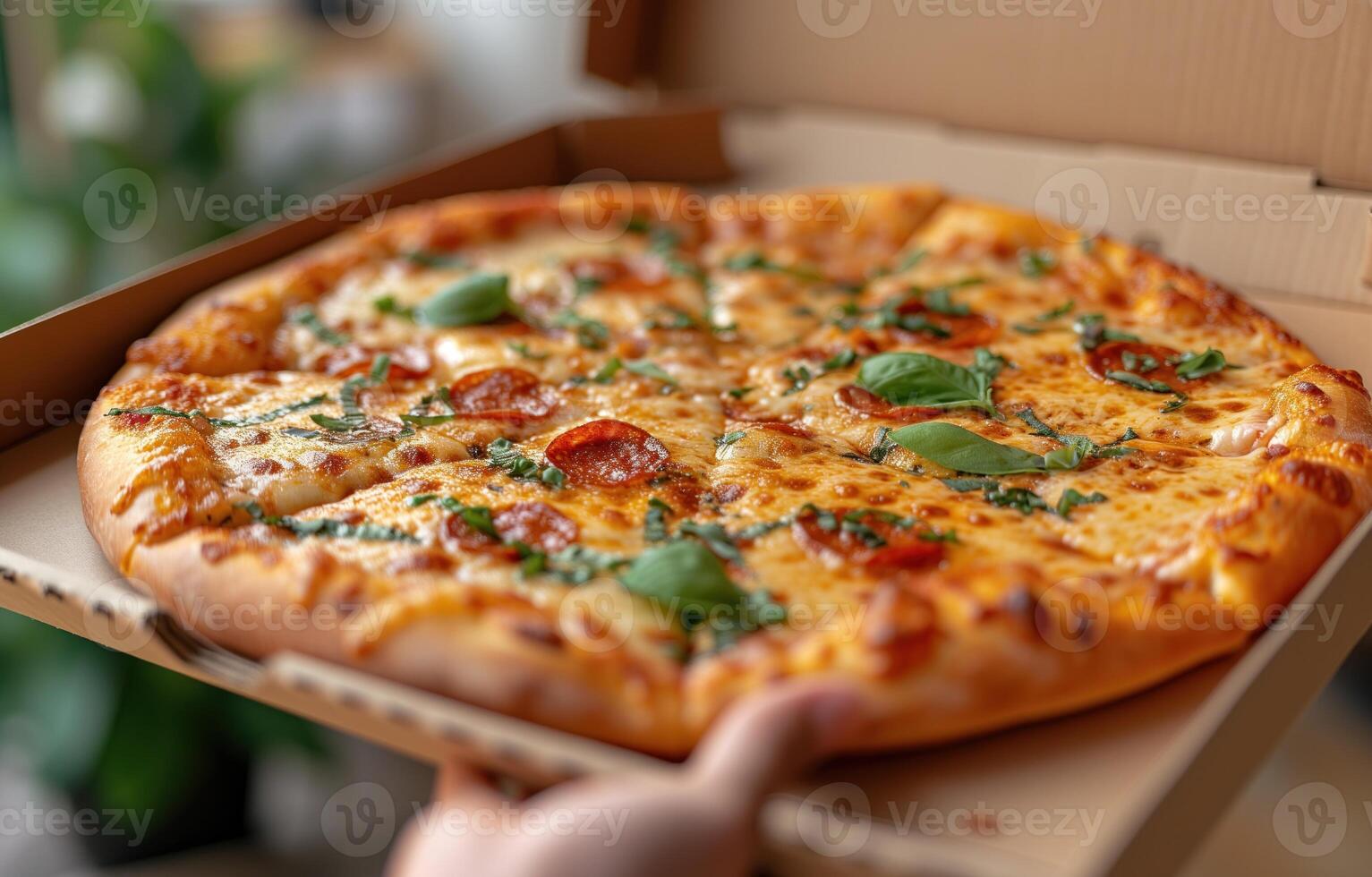 AI generated Open box with delicious pizza in hand photo