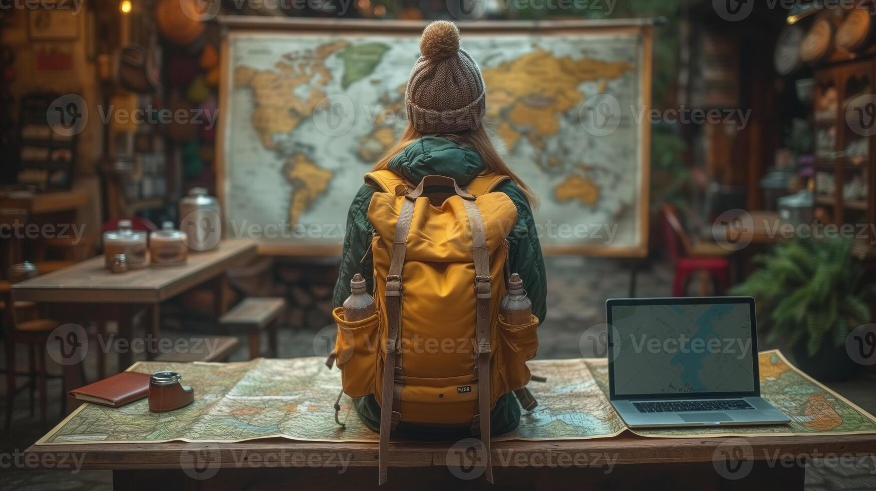 AI generated Female travelogue with map and laptop on table photo