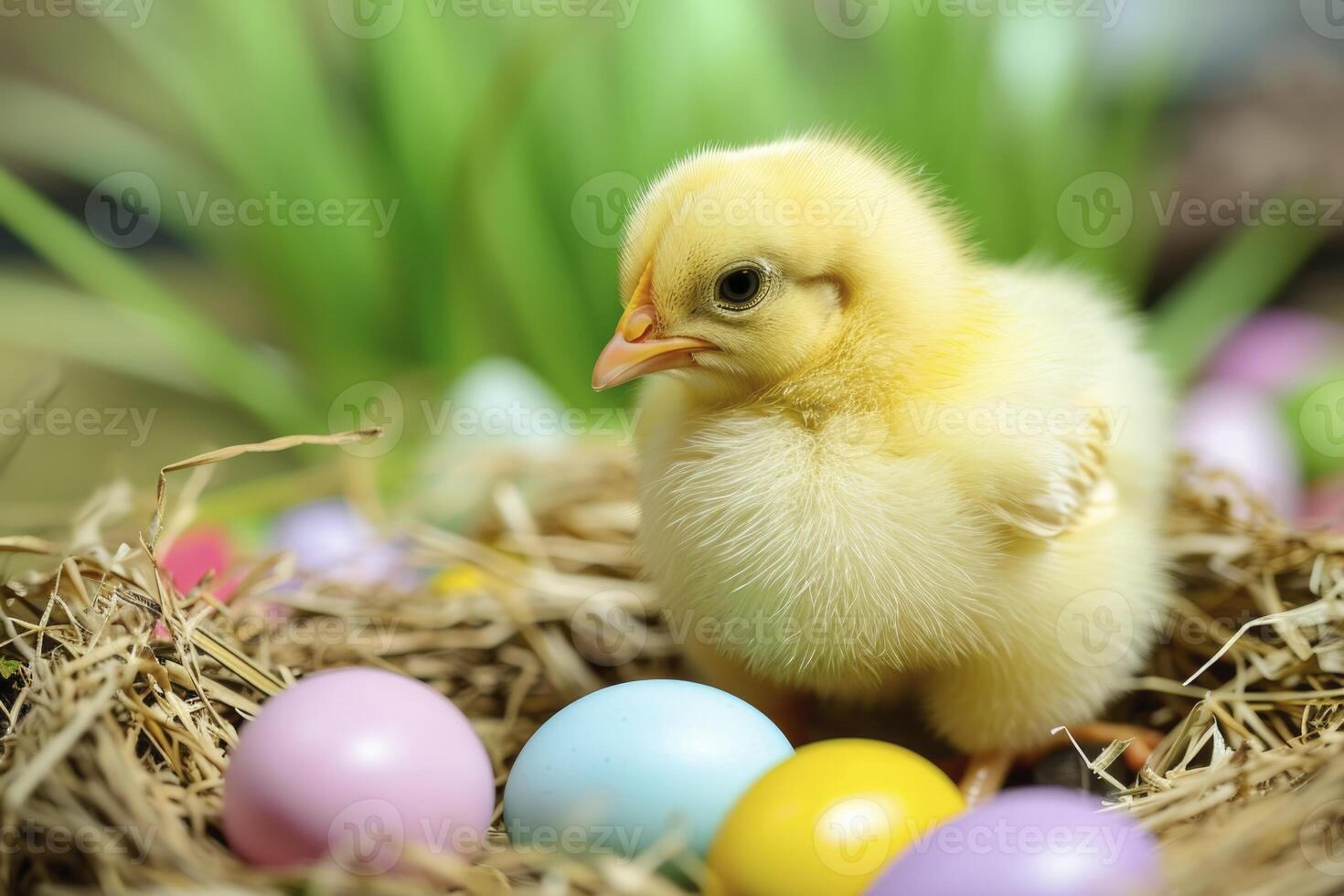 ai generado un linda amarillo polluelo se sienta cómodamente en un nido rodeado por Pascua de Resurrección huevos, encarnando el esencia de el alegre día festivo. foto