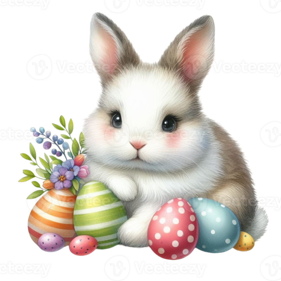 AI generated easter bunny with flowers and eggs png