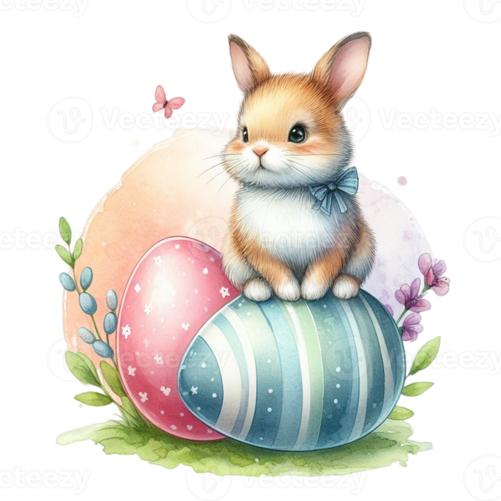 AI generated Cute rabbit sitting on Easter eggs png