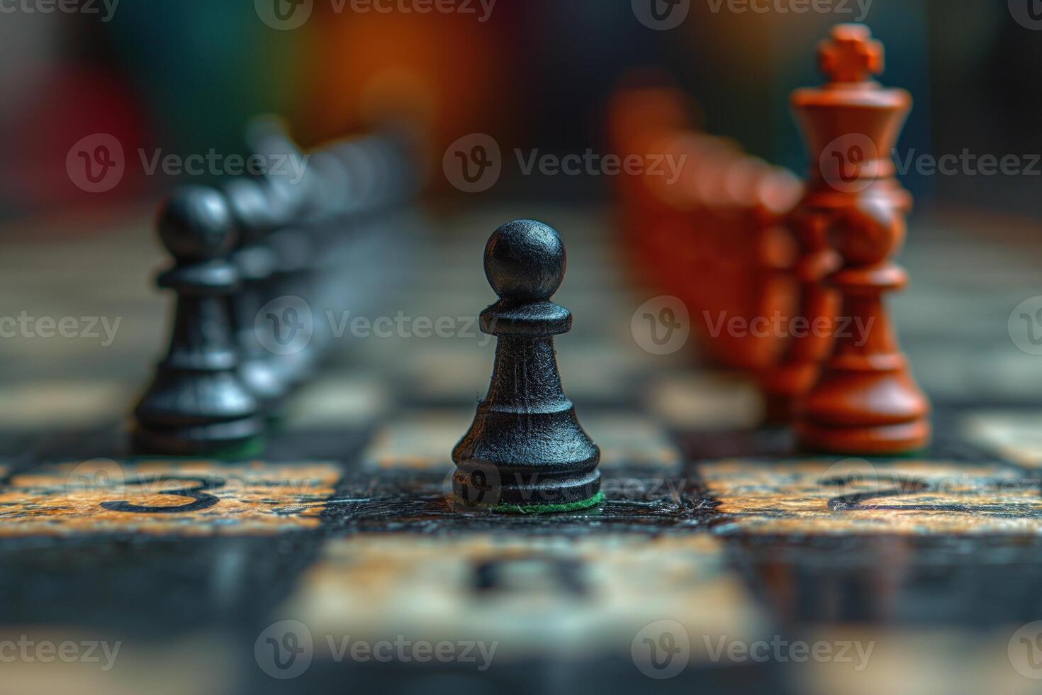 AI generated Black and white chess figures board posing in the front photo