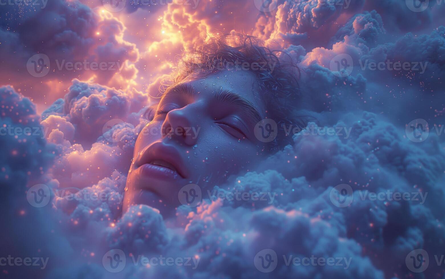 AI generated Face with dark sky-blue and light magenta clouds surrounding his face photo