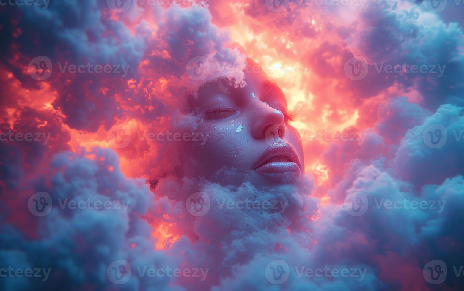AI generated Face with dark sky-blue and light magenta clouds surrounding his face photo