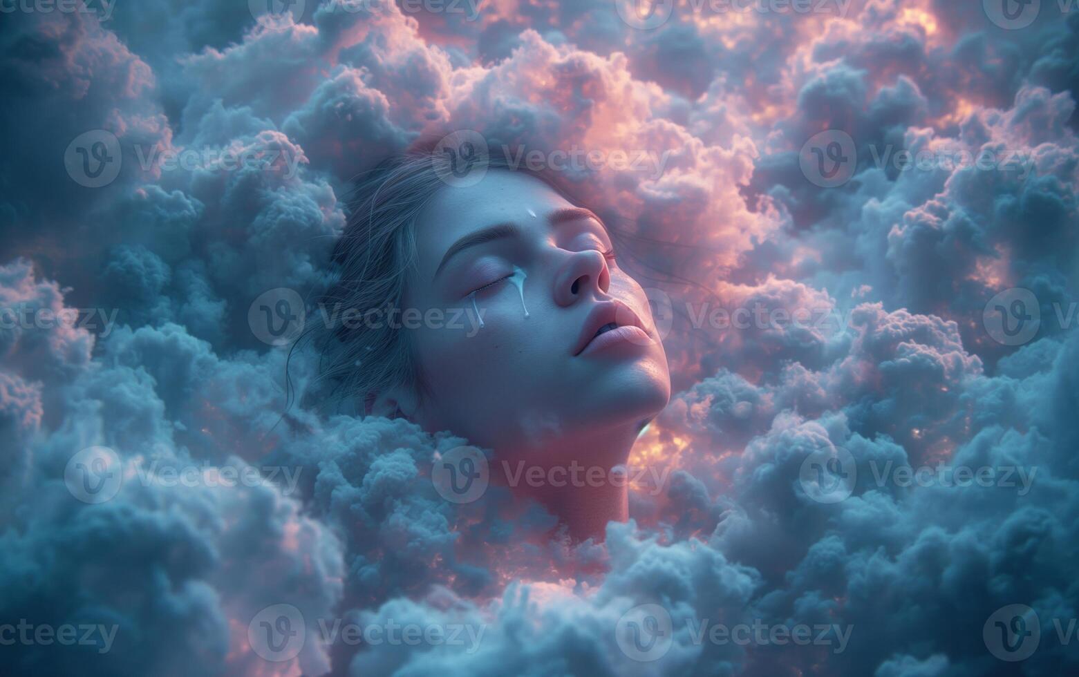 AI generated Face with dark sky-blue and light magenta clouds surrounding his face photo