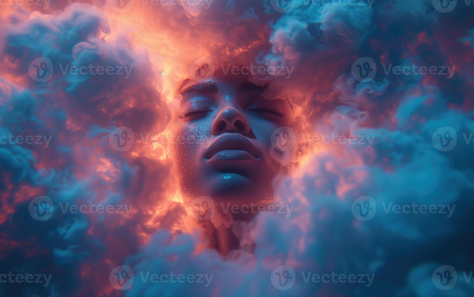 AI generated Face with dark sky-blue and light magenta clouds surrounding his face photo