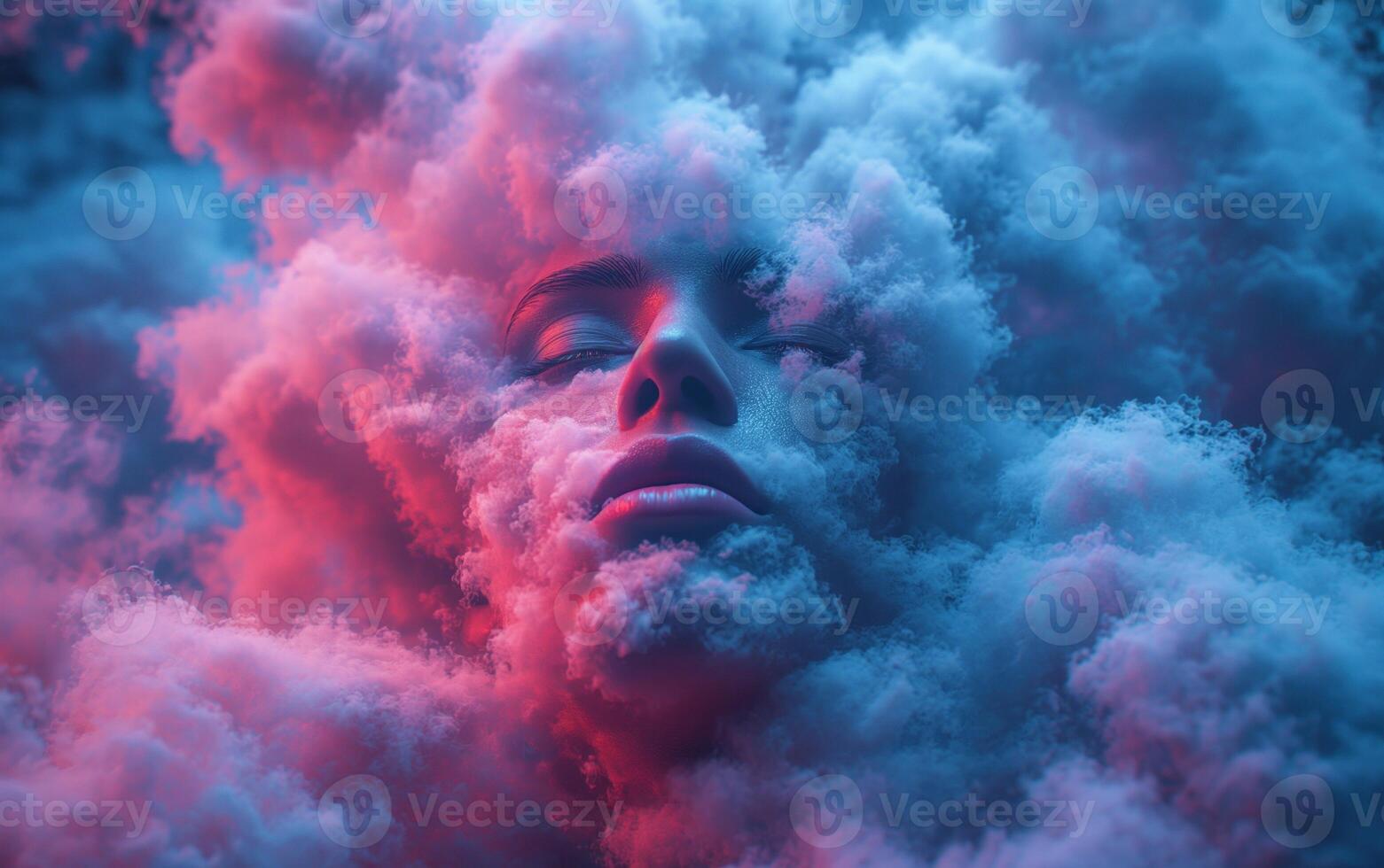 AI generated Face with dark sky-blue and light magenta clouds surrounding his face photo