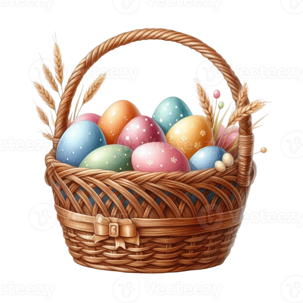 AI generated easter basket with eggs and flowers png
