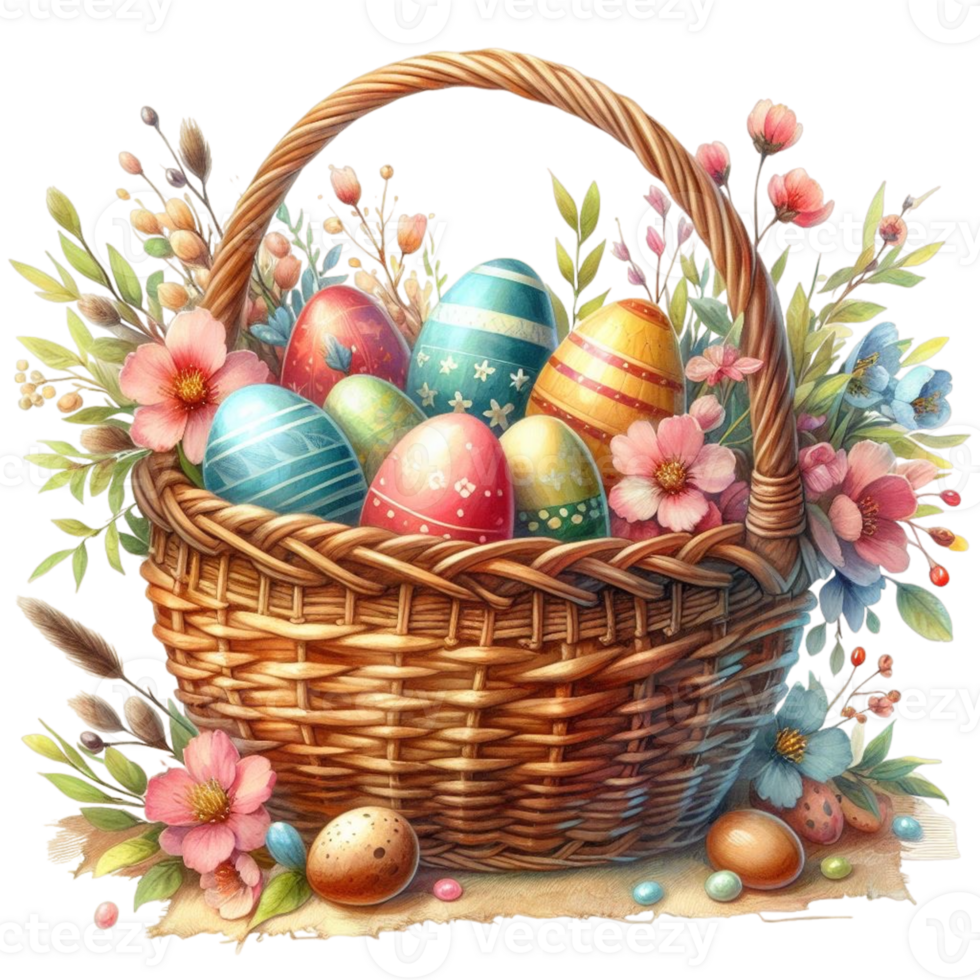 AI generated easter basket with eggs and flowers png