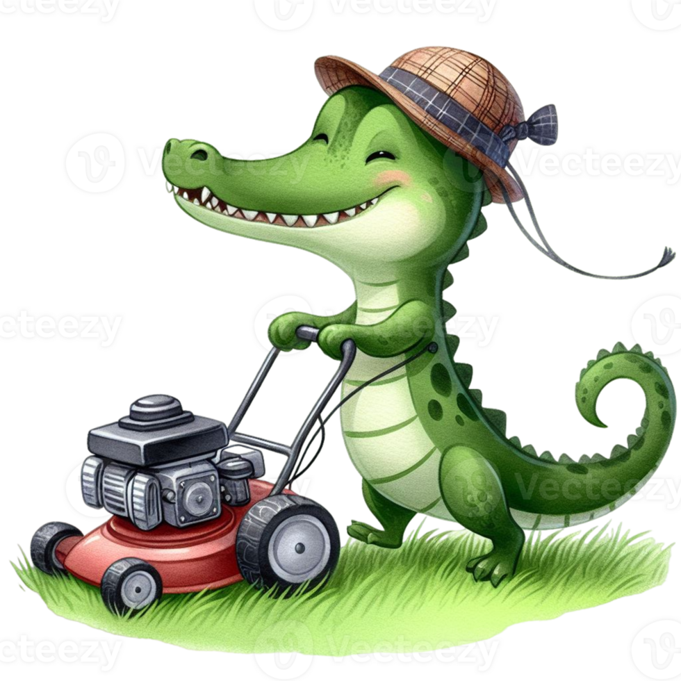 AI generated cute cartoon alligator mowing grass with a lawn mower png