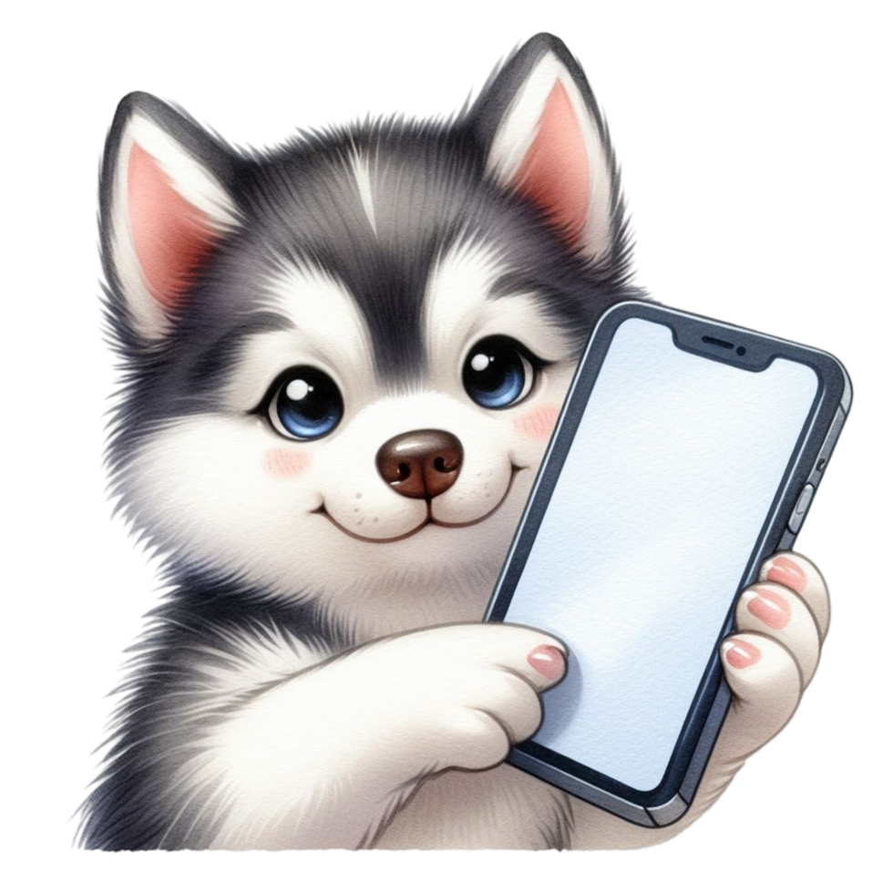 AI generated husky puppy holding a phone with a blank screen png