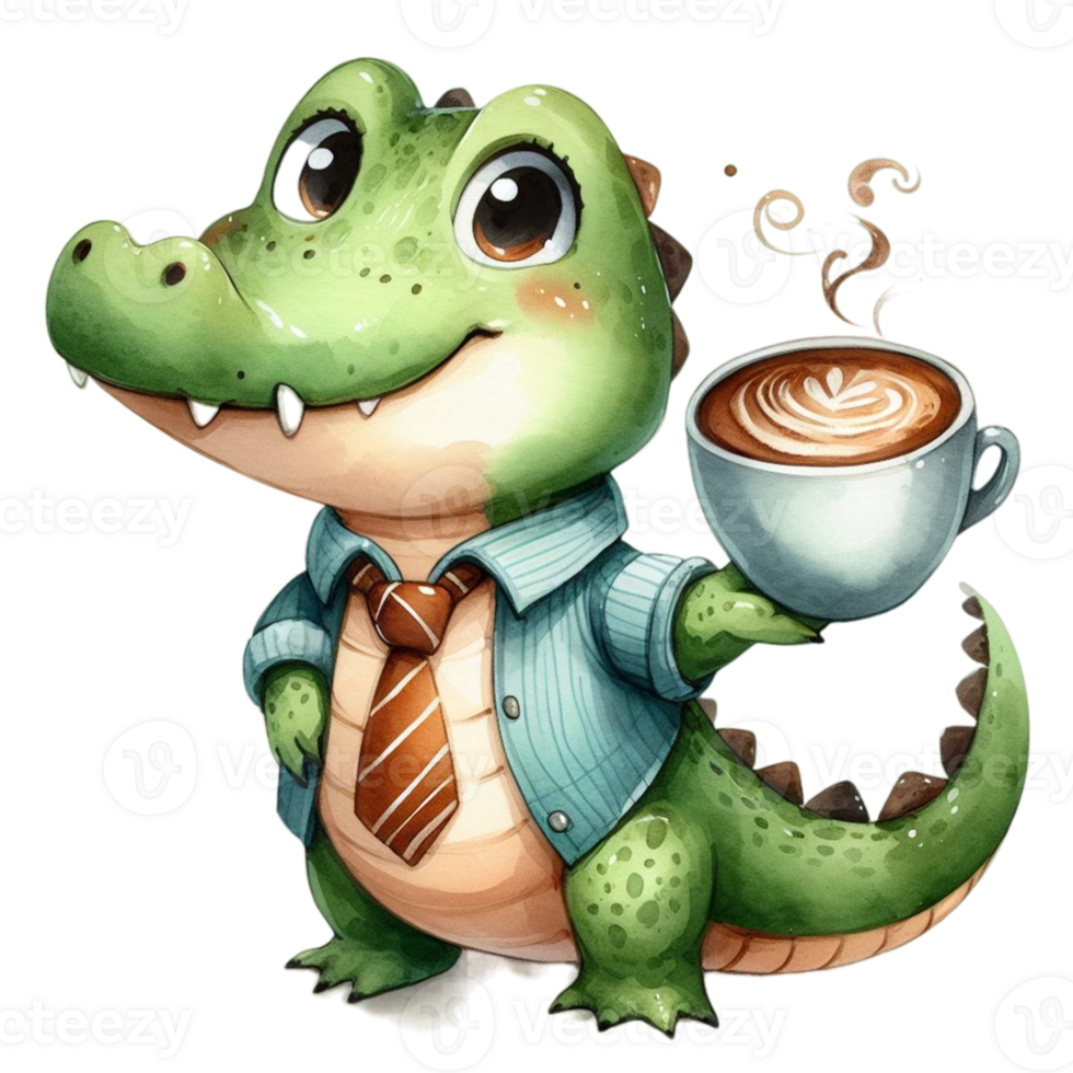 AI generated cute cartoon alligator holding a cup of coffee png