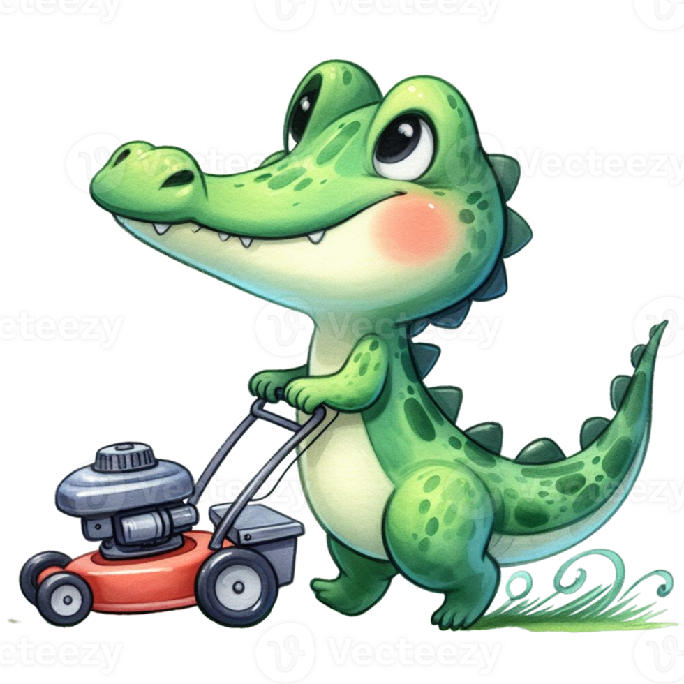 AI generated cute cartoon alligator mowing grass with a lawn mower png