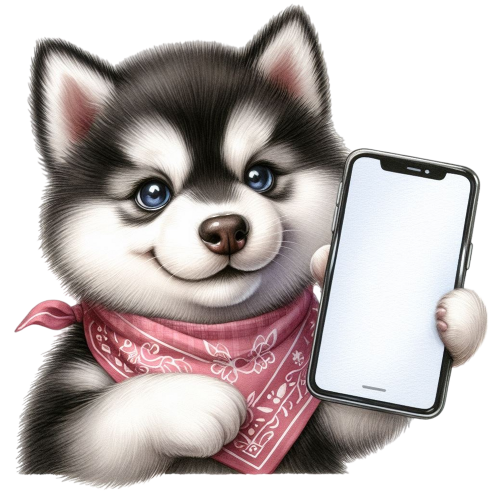 AI generated husky puppy holding a phone with a blank screen png