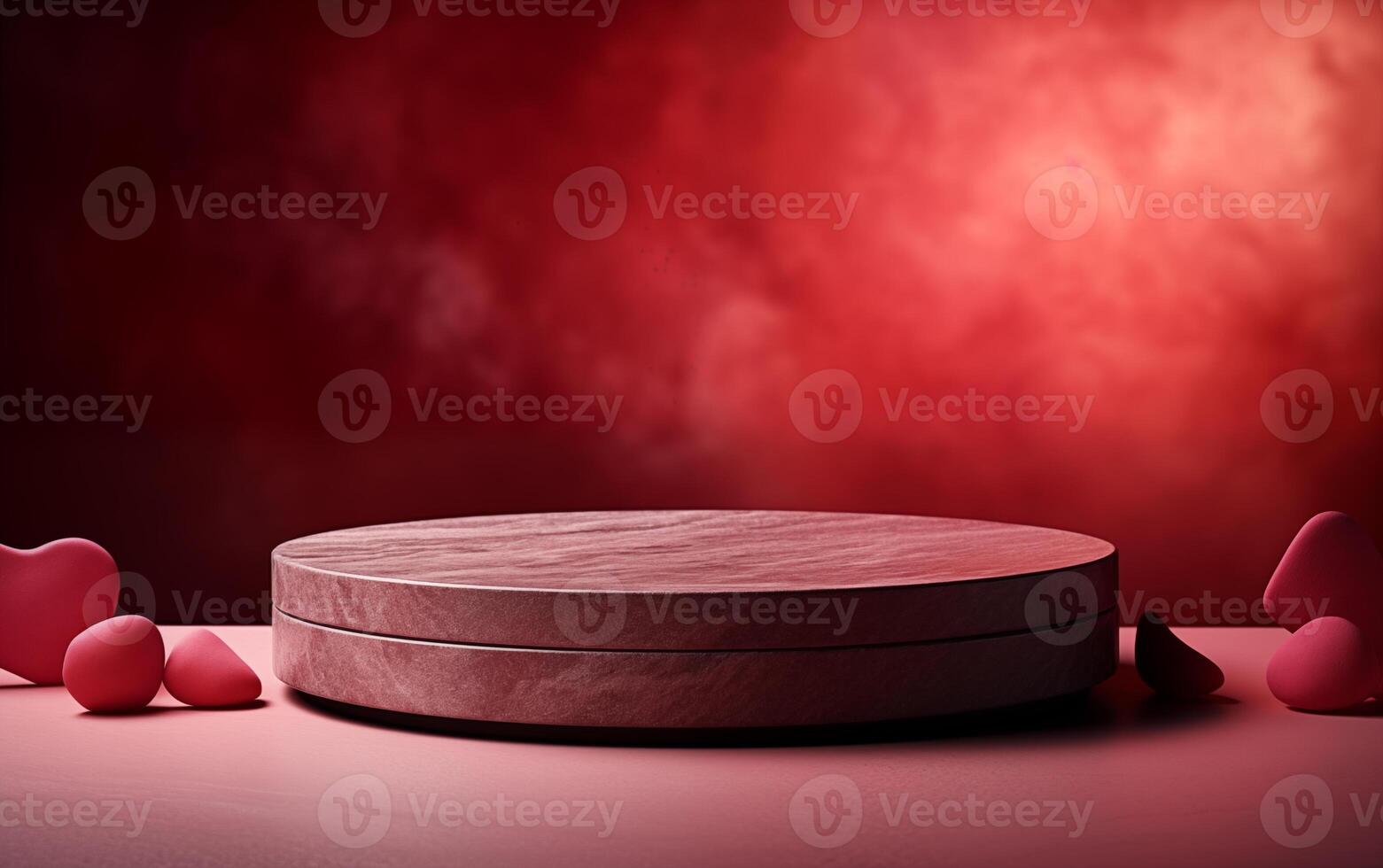 AI generated Empty wood stone podium table Valentine's Day red background with heart's photo
