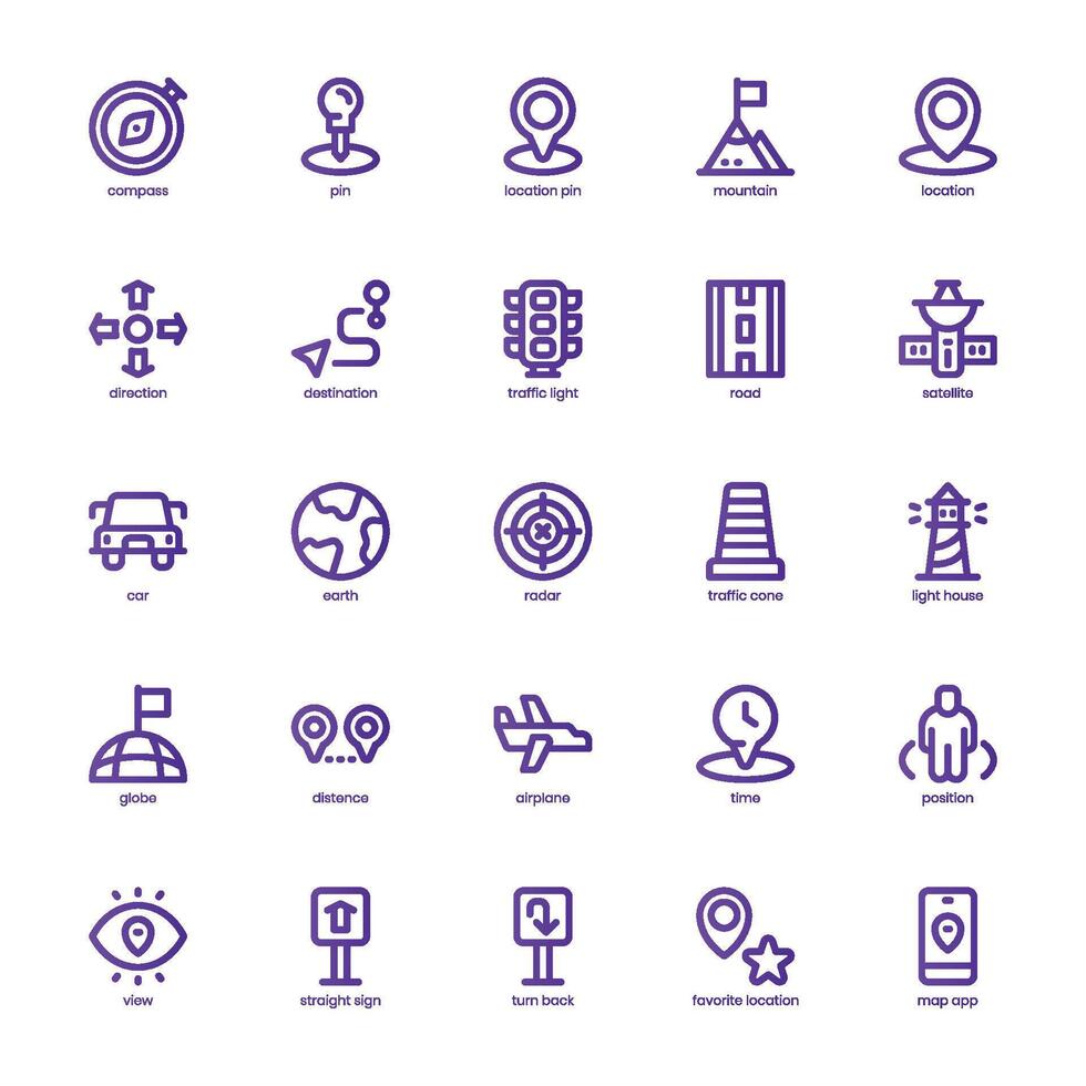 Navigation and Map icon pack for your website, mobile, presentation, and logo design. Navigation and Map icon basic line gradient design. Vector graphics illustration and editable stroke.