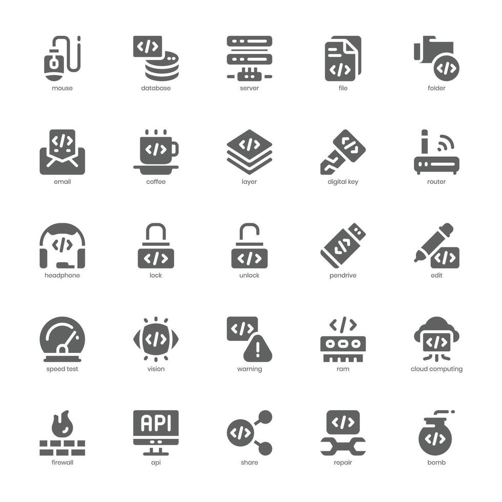 Programming and Coding icon pack for your website, mobile, presentation, and logo design. Programming and Coding icon glyph design. Vector graphics illustration and editable stroke.