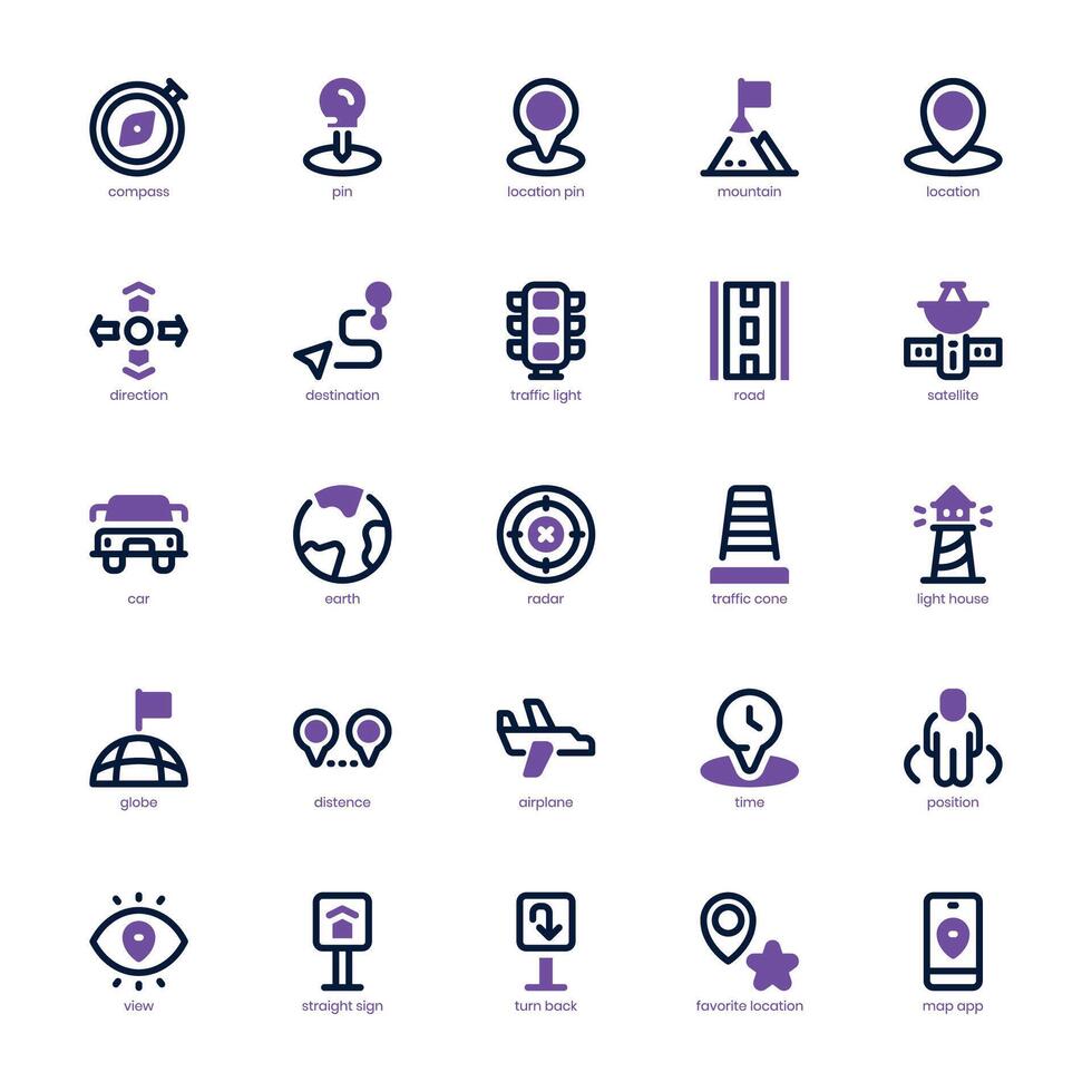 Navigation and Map icon pack for your website, mobile, presentation, and logo design. Navigation and Map icon dual tone design. Vector graphics illustration and editable stroke.