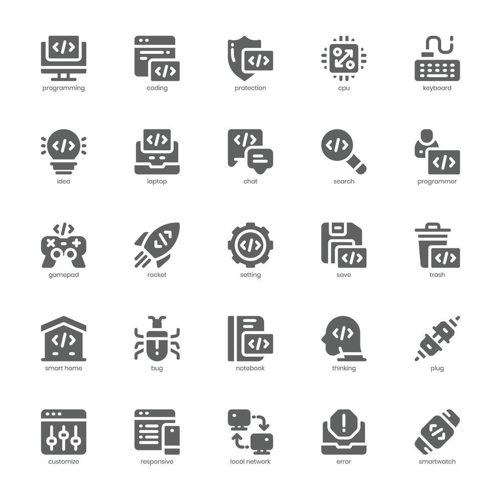Programming and Coding icon pack for your website, mobile, presentation, and logo design. Programming and Coding icon glyph design. Vector graphics illustration and editable stroke.