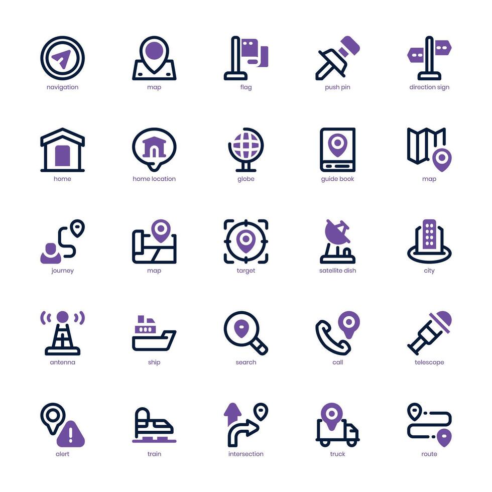 Navigation and Map icon pack for your website, mobile, presentation, and logo design. Navigation and Map icon dual tone design. Vector graphics illustration and editable stroke.