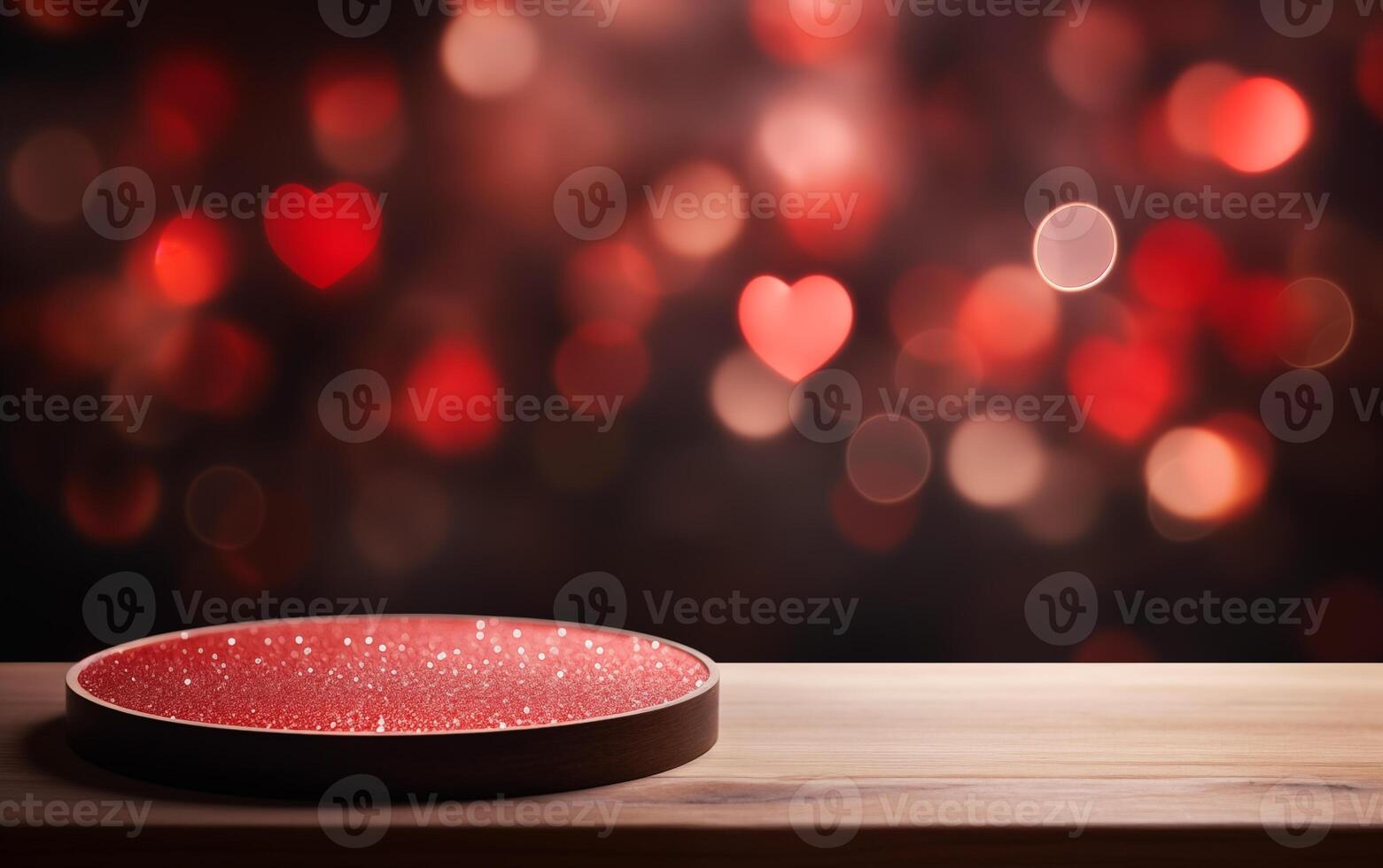 AI generated Empty wood stone podium table Valentine's Day red background with heart's photo