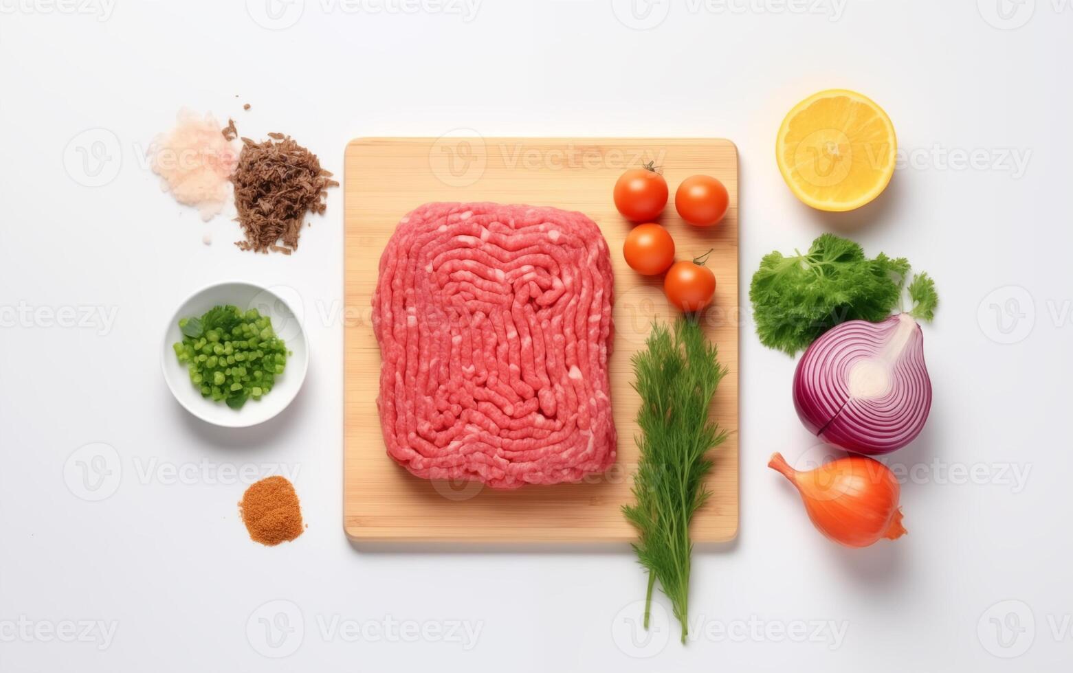 AI generated Fresh minced meat ready for cooking Isolated on White background photo