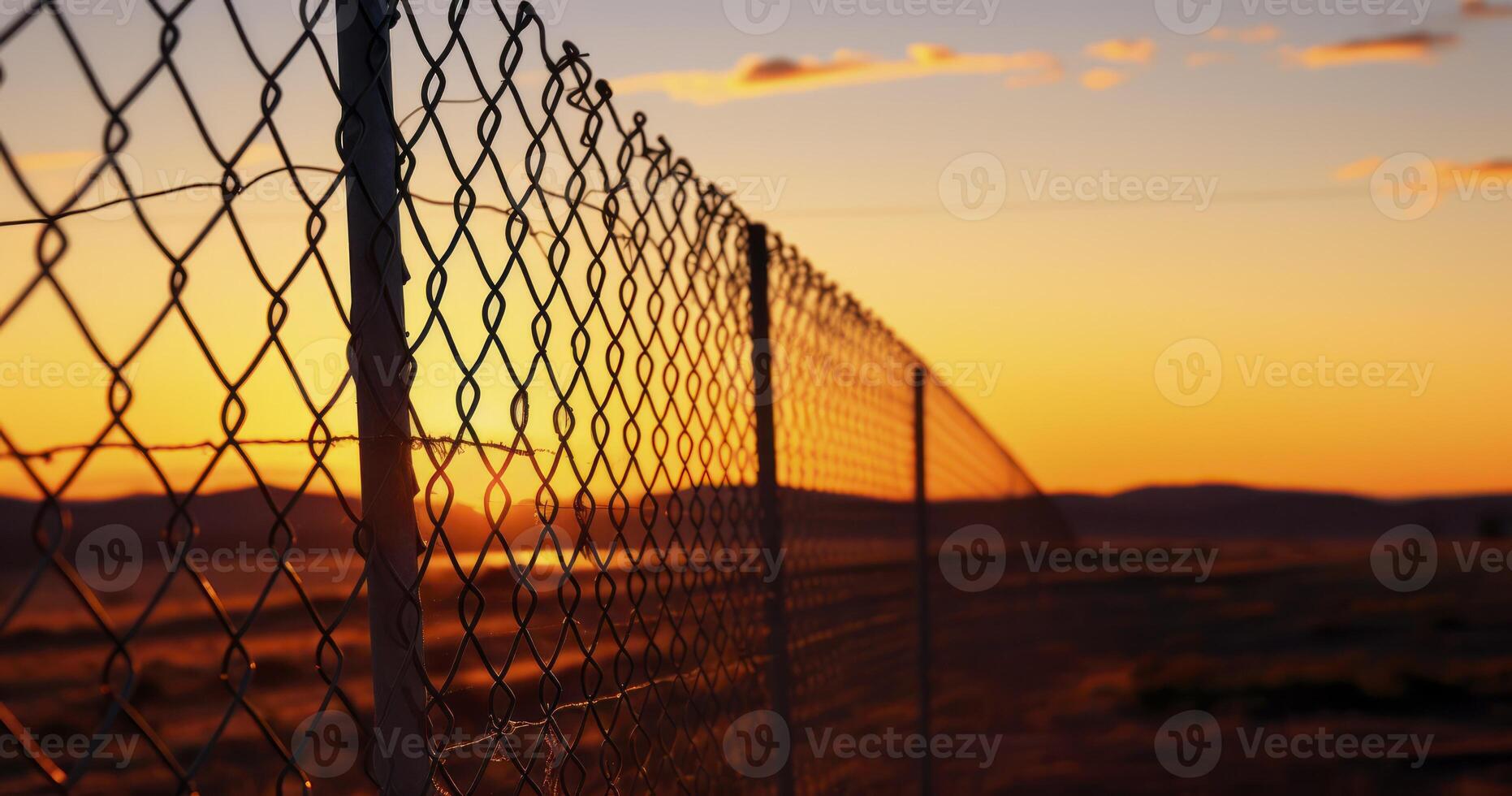 AI generated The Sturdy Mesh and Barbed Wire Fence Enclosing an Area, Captured at Dusk photo