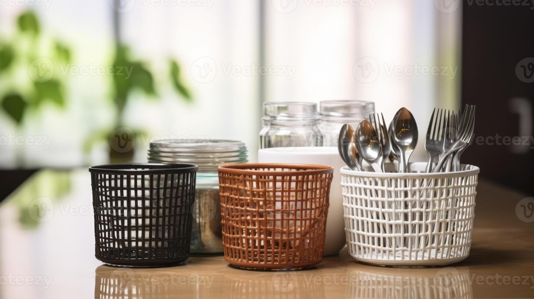 AI generated A Lattice Container Brimming with Kitchenware Essentials, Elegantly Displayed on a Spacious Table photo