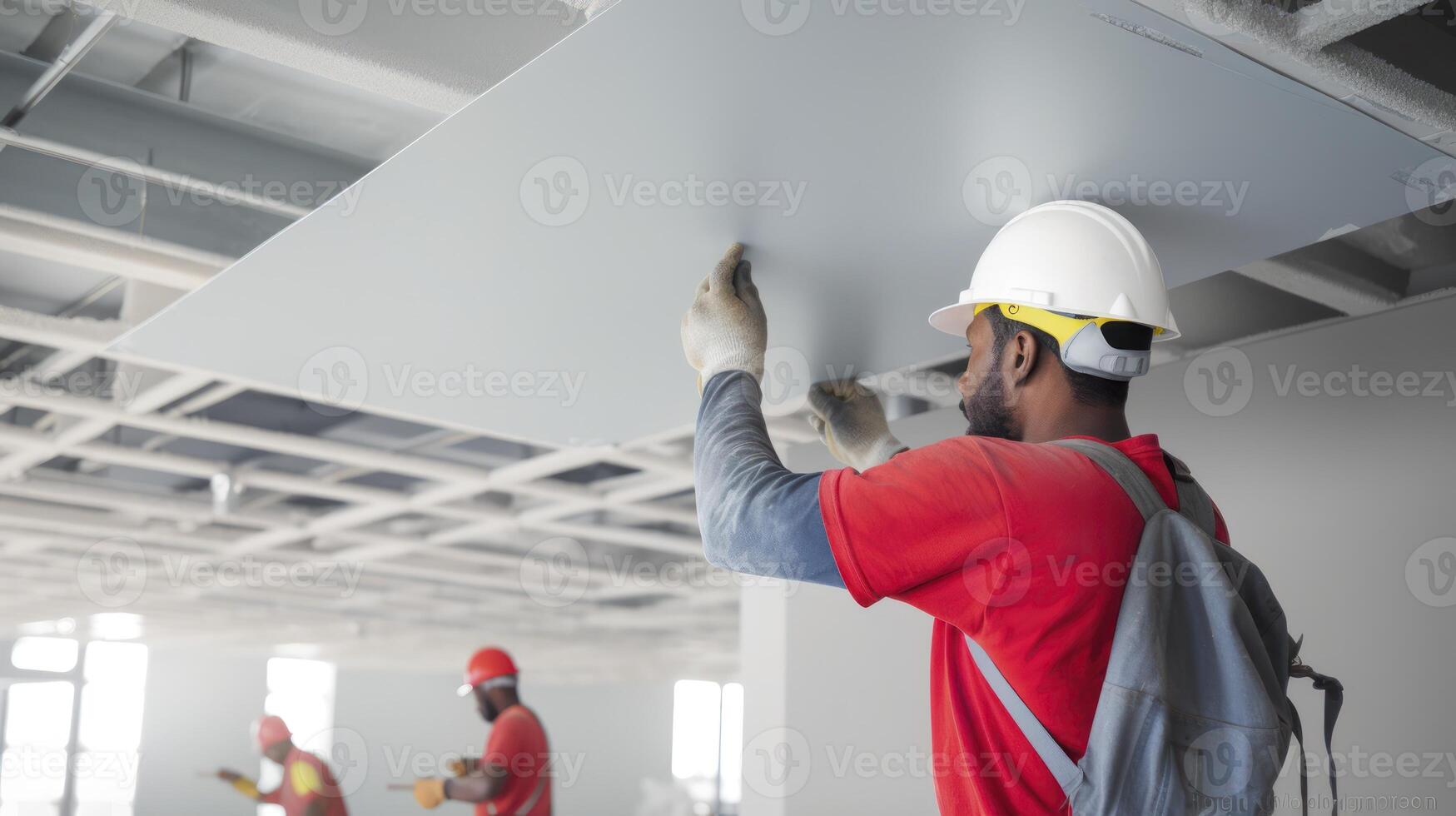 AI generated Professional Technicians at Work, Implementing Acoustic Panel Installation on a Ceiling photo