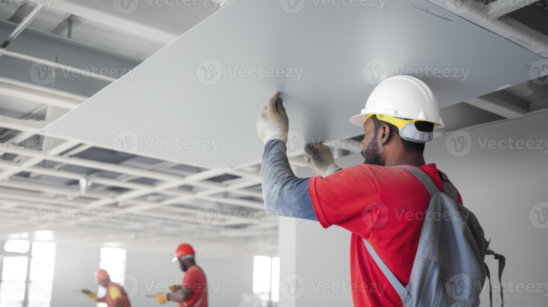 ai generado profesional técnicos a trabajar, implementar acústico panel instalación en un techo foto