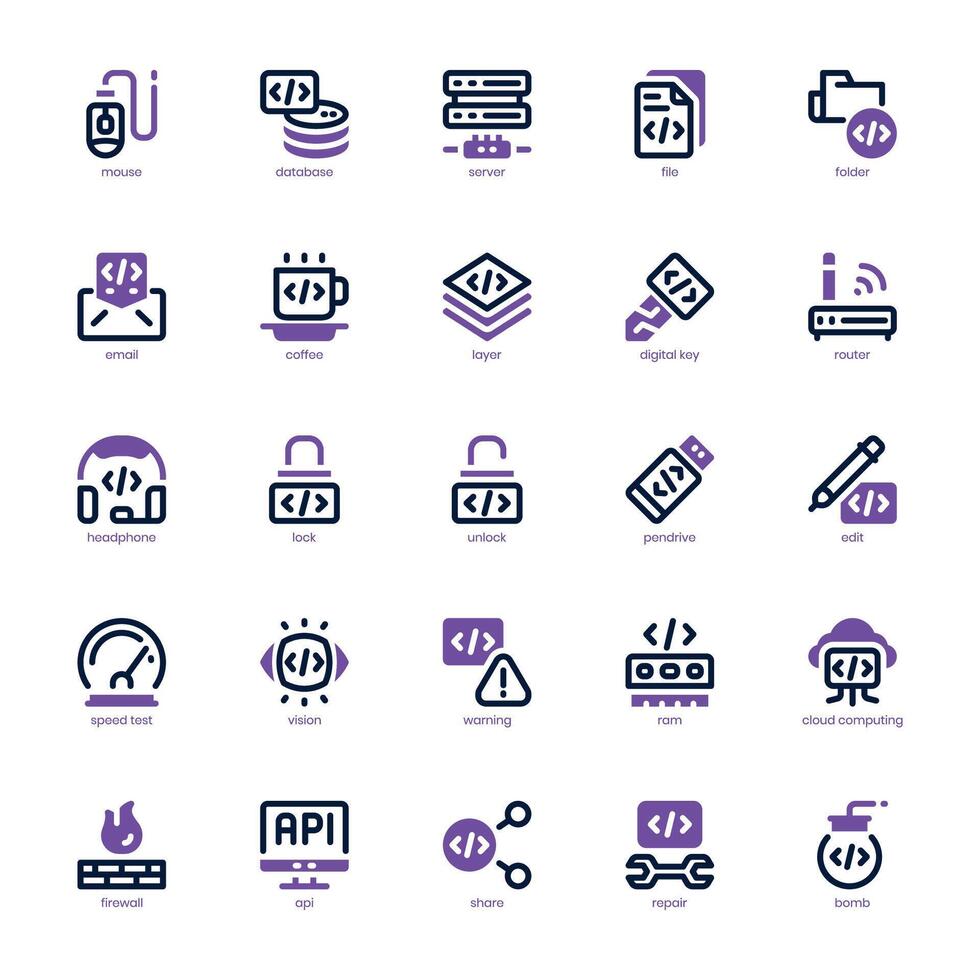 Programming and Coding icon pack for your website, mobile, presentation, and logo design. Programming and Coding icon dual tone design. Vector graphics illustration and editable stroke.
