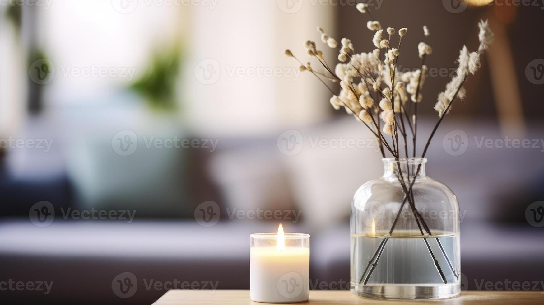 ai generado hogar armonía - un Junco difusor, vela, eucalipto, y perfume combinar para un Perfecto higge y aromaterapia ajuste foto