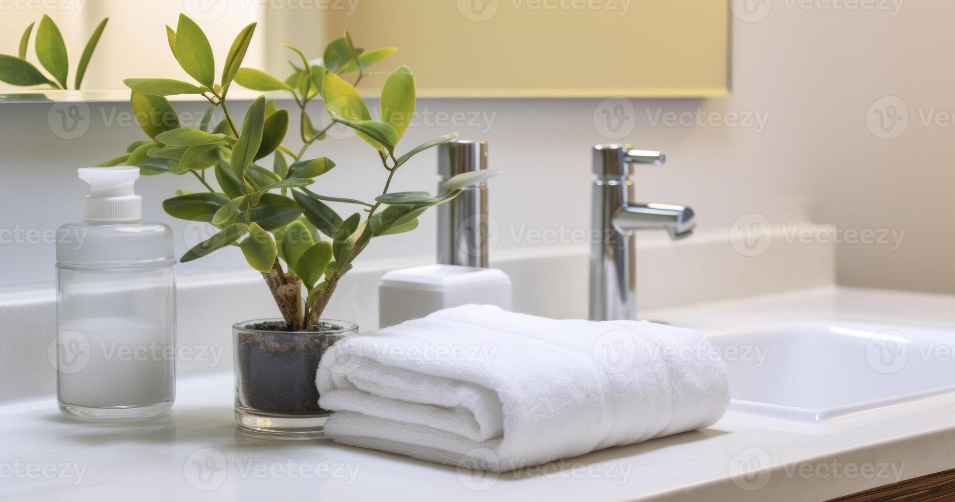 AI generated A Stylish Bathroom Tray Holding Towels and Soap, Next to a Potted Plant on a Marble Countertop, Beneath a Vanity Mirror photo