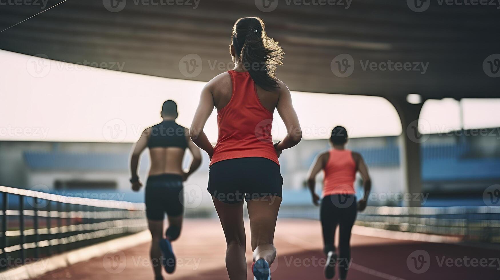 AI generated The Back View of Sportspeople Engaged in Intense Training on a Running Track photo